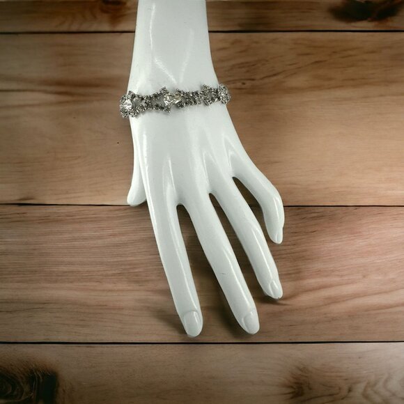Geometric Clear Rhinestones Filigree Tennis Bracelet over Silver Plated - Picture 1 of 7